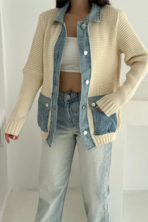 Beige Denim Detailed Buttoned Knitted Sweater Cardigan