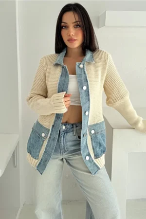 Beige Denim Detailed Buttoned Knitted Sweater Cardigan
