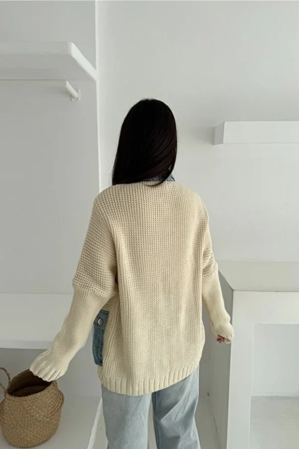 Beige Denim Detailed Buttoned Knitted Sweater Cardigan