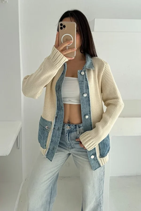 Beige Denim Detailed Buttoned Knitted Sweater Cardigan