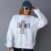 Women's Oversize Sweatshirt with Embroidery Details – 1979 New York Teddy Bear Pattern, White