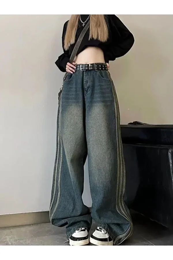 1_org_zoom Retro Vintage Style Navy Blue Stonewashed Striped Baggy Jeans