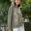 2 Italian Text Printed Sleeve Studded Hooded Sweatshirt Mink