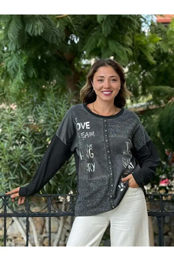 333 Italian Written and Stoned Cotton Sweatshirt Black