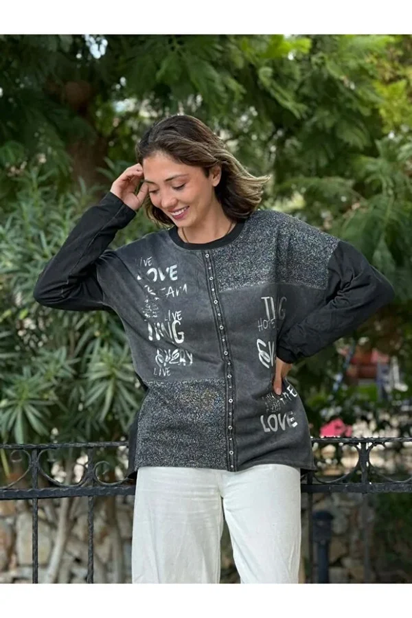 444 Italian Written and Stoned Cotton Sweatshirt Black