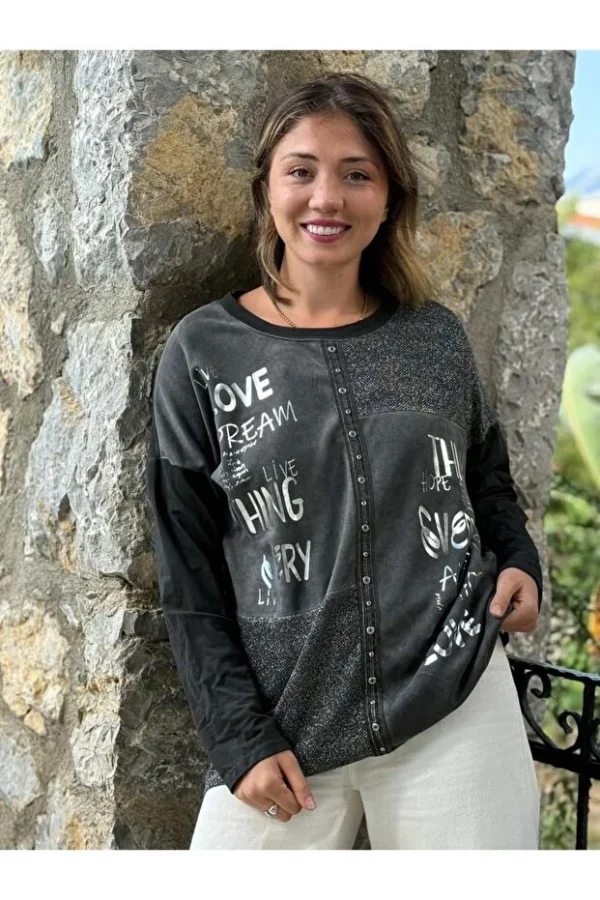 666 Italian Written and Stoned Cotton Sweatshirt Black