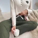 Embroidered Green Cotton Heart Detailed Pajama Set