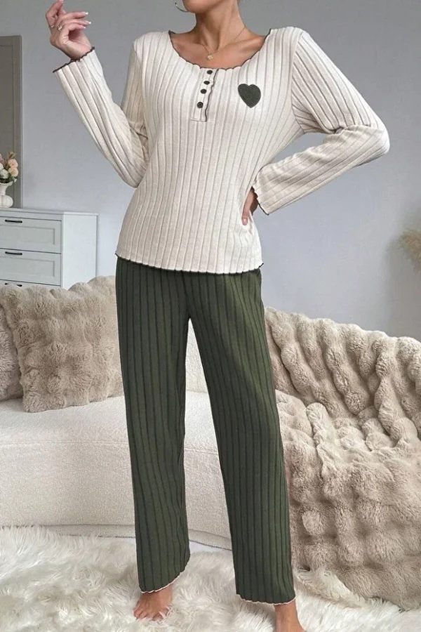 Embroidered Green Cotton Heart Detailed Pajama Set