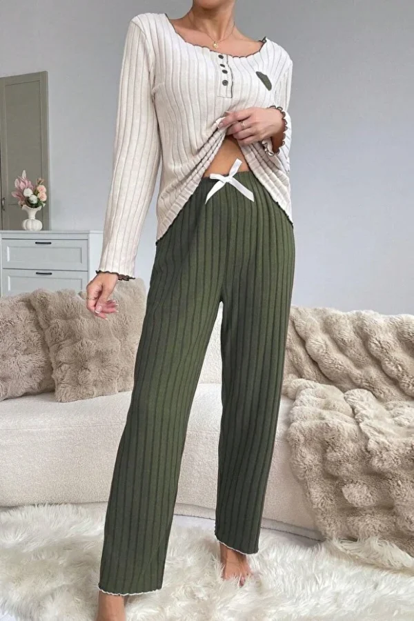 Embroidered Green Cotton Heart Detailed Pajama Set