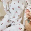 Floral Patterned Corduroy Cotton Long Pajama Set