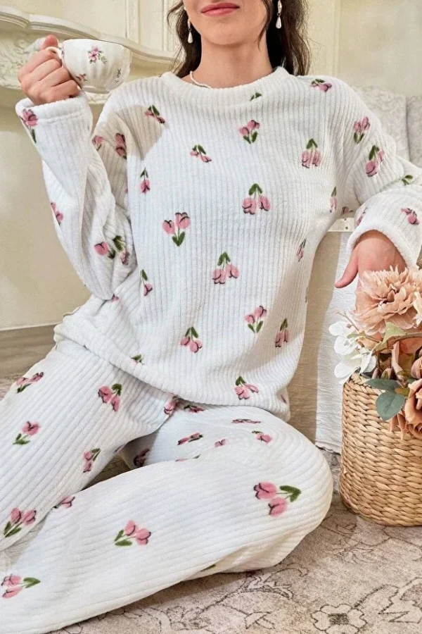 Floral Patterned Corduroy Cotton Long Pajama Set