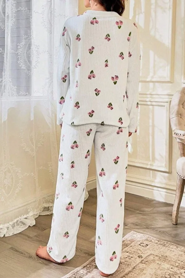 Floral Patterned Corduroy Cotton Long Pajama Set