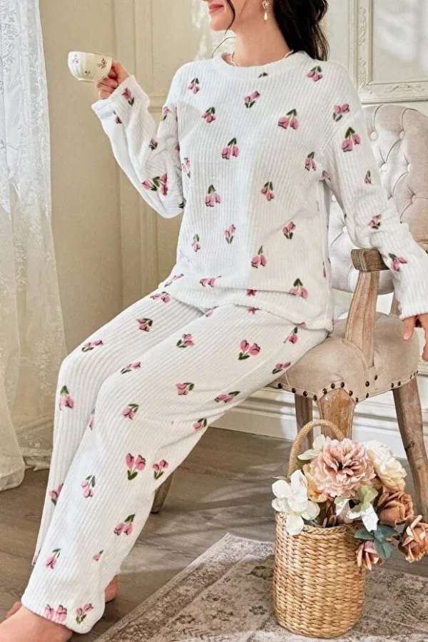 Floral Patterned Corduroy Cotton Long Pajama Set