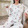 Floral Patterned Corduroy Cotton Long Pajama Set