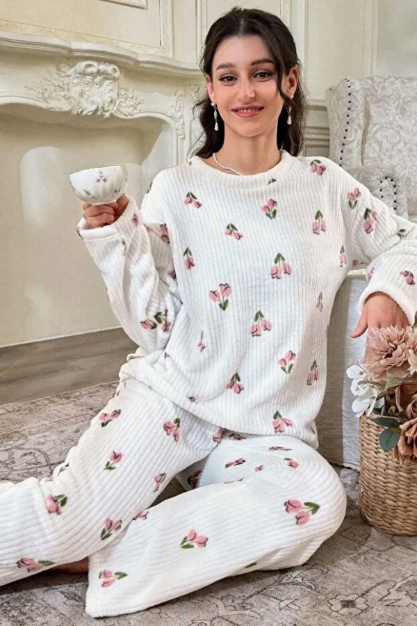 Floral Patterned Corduroy Cotton Long Pajama Set