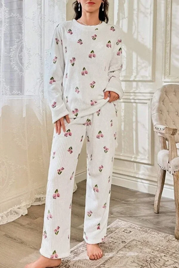 Floral Patterned Corduroy Cotton Long Pajama Set