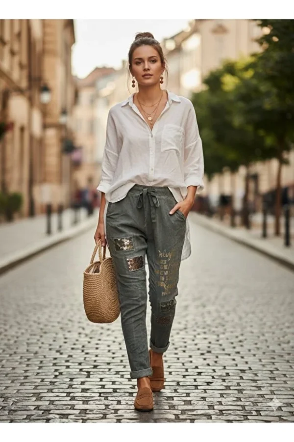 Women's Italian Sequined Printed Trousers