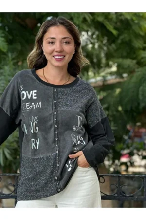 Italian Written and Stoned Cotton Sweatshirt Black