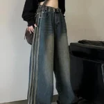 Retro Vintage Style Navy Blue Stonewashed Striped Baggy Jeans