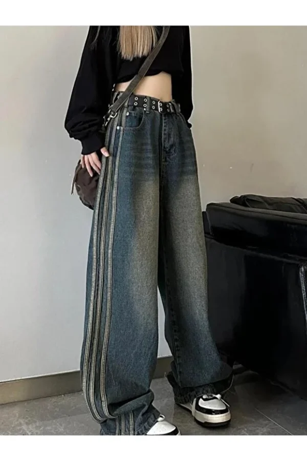 Retro Vintage Style Navy Blue Stonewashed Striped Baggy Jeans Retro Vintage Style Navy Blue Stonewashed Striped Baggy Jeans