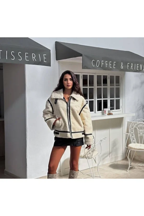 Belt Detailed Striped Plush Coat