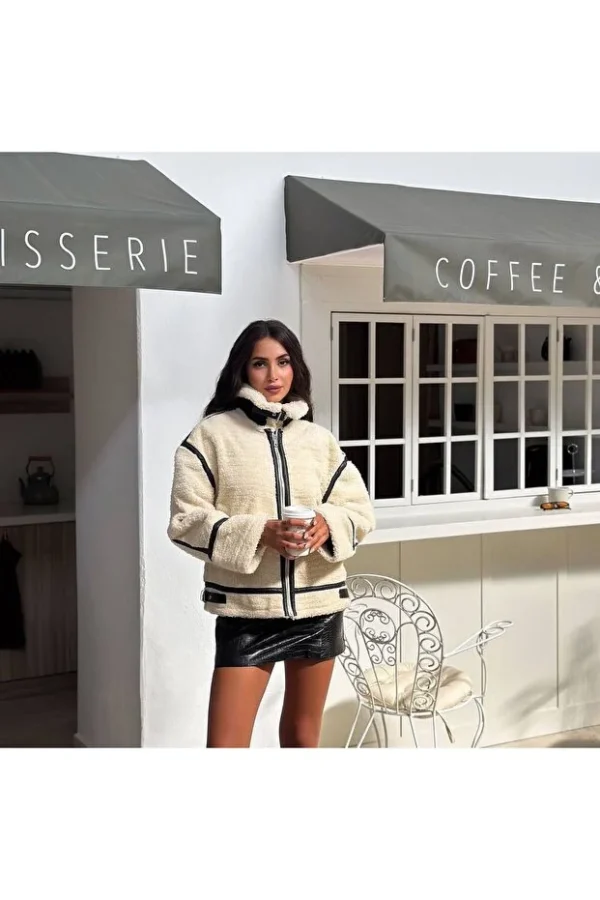 Belt Detailed Striped Plush Coat