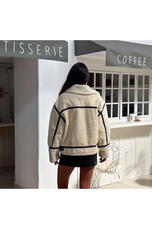 Belt Detailed Striped Plush Coat