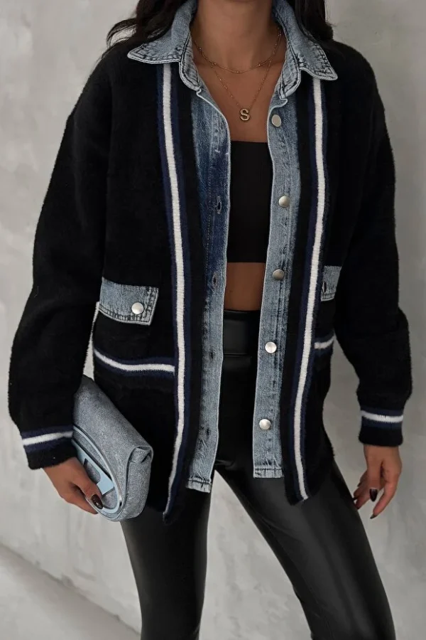 Black Standard Size Buttoned Pocket Denim Detailed Oversize Premium Cardigan