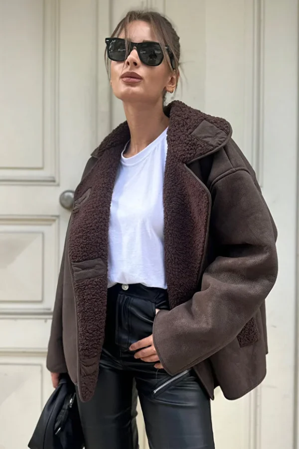 Else Bitter Coffee Textured Suede Plush Oversize Zr Model Coat