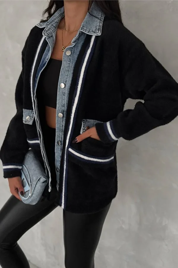Black Standard Size Buttoned Pocket Denim Detailed Oversize Premium Cardigan