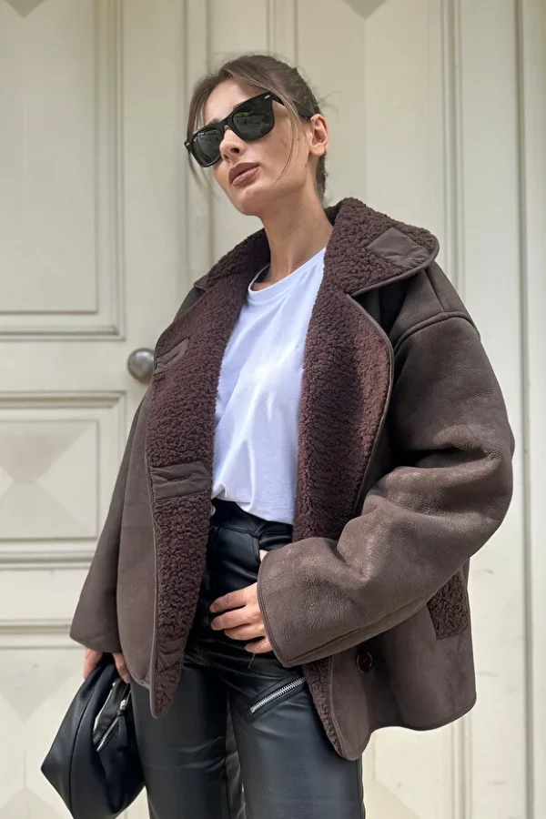 Else Bitter Coffee Textured Suede Plush Oversize Zr Model Coat