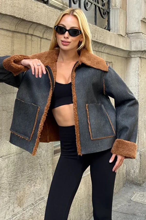 1_org_zoom (4) Women's Black-Brown Double Pocket Faux Fur Inside Faux Leather Biker Jacket