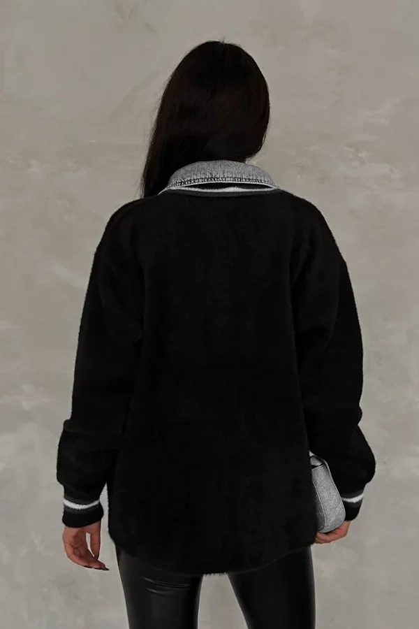 Black Standard Size Buttoned Pocket Denim Detailed Oversize Premium Cardigan