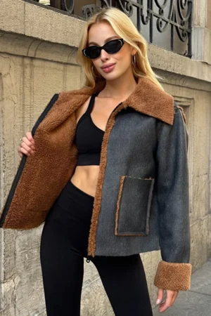 Women's Black-Brown Double Pocket Faux Fur Inside Faux Leather Biker Jacket