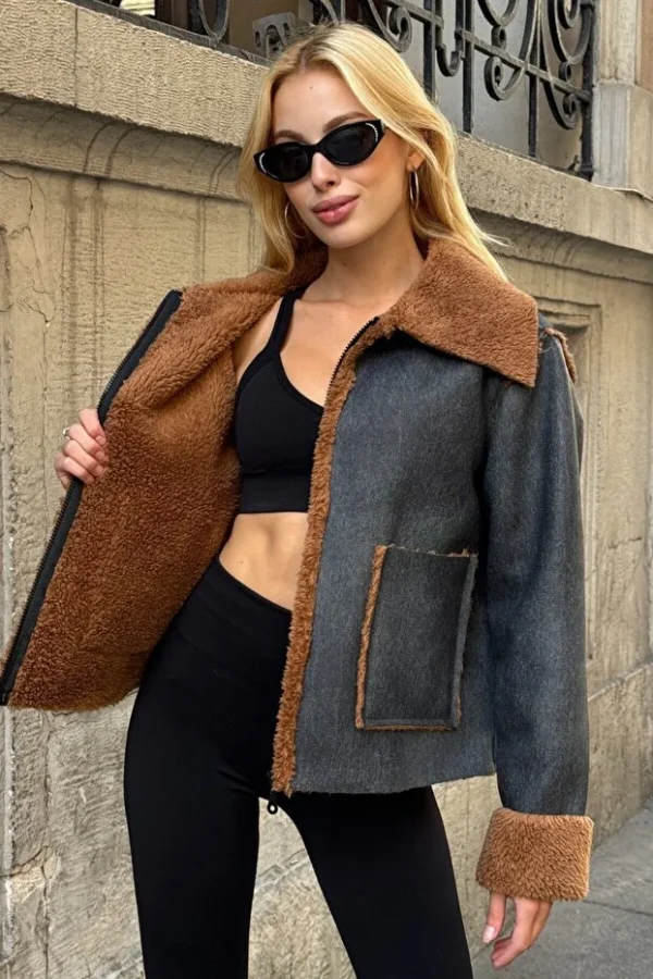 1_org_zoom (5) Women's Black-Brown Double Pocket Faux Fur Inside Faux Leather Biker Jacket