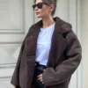 Else Bitter Coffee Textured Suede Plush Oversize Zr Model Coat
