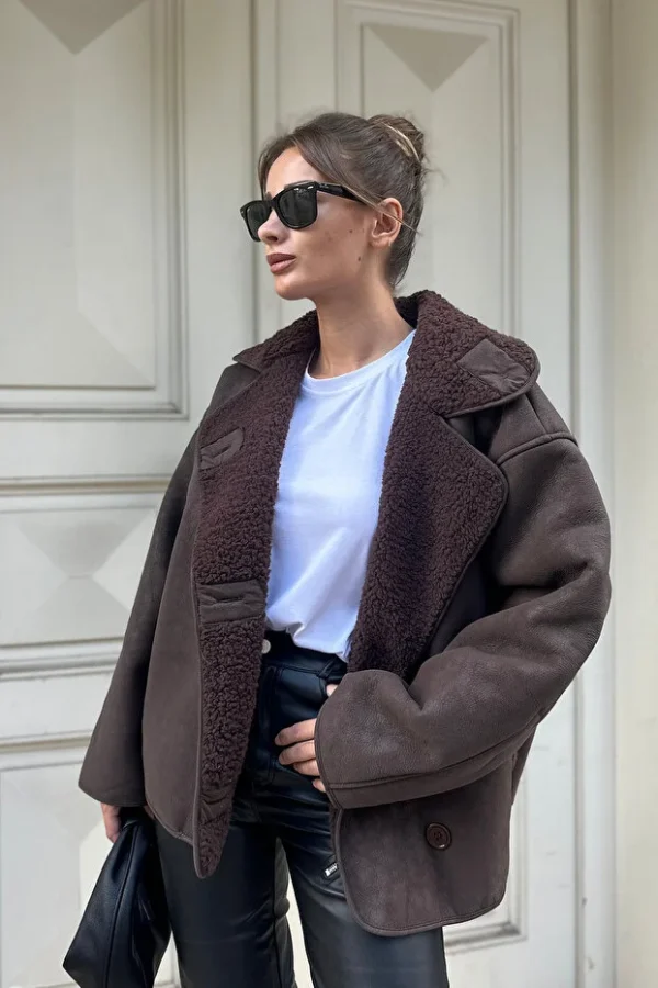 Else Bitter Coffee Textured Suede Plush Oversize Zr Model Coat