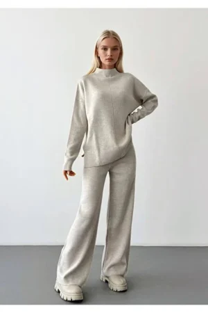 High Neck Knit Sweater and Pants Winter Two-Piece Set