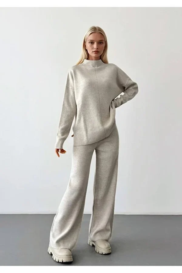 High Neck Knit Sweater and Pants Winter Two-Piece Set