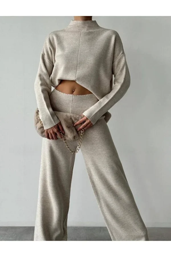 High Neck Knit Sweater and Pants Winter Two-Piece Set