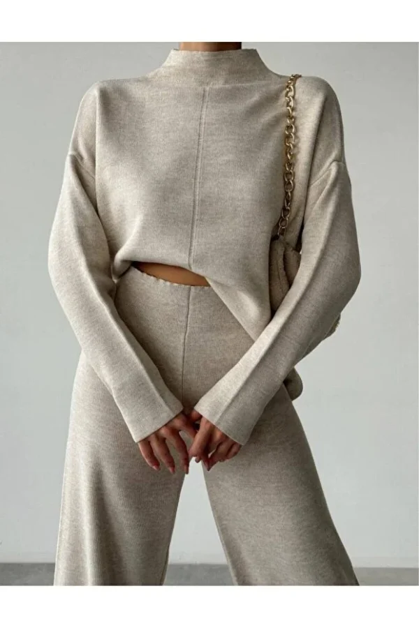 High Neck Knit Sweater and Pants Winter Two-Piece Set