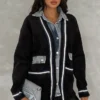 Black Standard Size Buttoned Pocket Denim Detailed Oversize Premium Cardigan