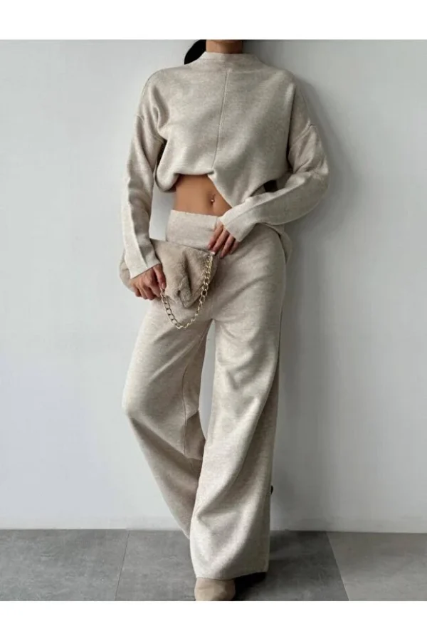 High Neck Knit Sweater and Pants Winter Two-Piece Set
