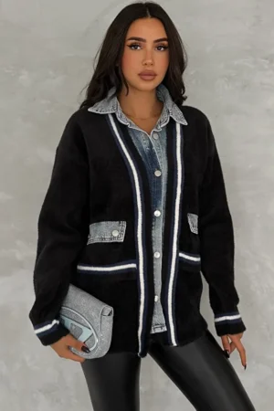 Black Standard Size Buttoned Pocket Denim Detailed Oversize Premium Cardigan