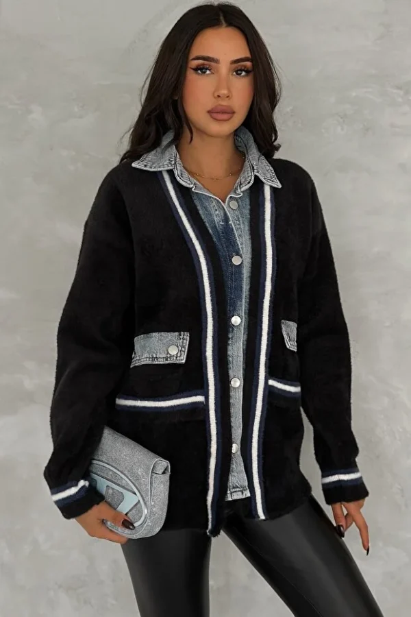 Black Standard Size Buttoned Pocket Denim Detailed Oversize Premium Cardigan