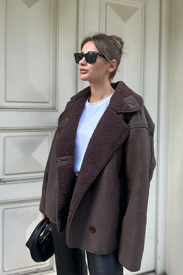 Else Bitter Coffee Textured Suede Plush Oversize Zr Model Coat