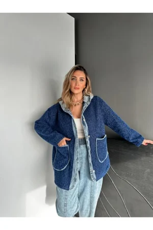 Navy Blue Denim Patchwork Hooded Teddy Coat