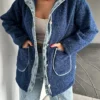 Navy Blue Denim Patchwork Hooded Teddy Coat