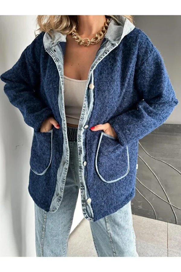 Navy Blue Denim Patchwork Hooded Teddy Coat