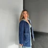 Navy Blue Denim Patchwork Hooded Teddy Coat